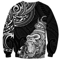 Black pullover sweatshirt with gorilla tattoo print and tribal pattern sleeves