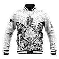 White baseball jacket with black Polynesian warrior front graphic and striped ribbed cuffs
