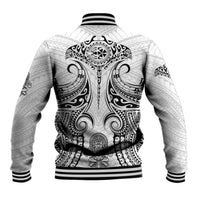 White baseball jacket with large black Polynesian back ornament and striped ribbed collar