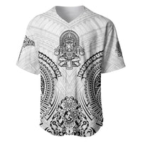 White Polynesian baseball jersey with black V-neck and centered warrior figure artwork