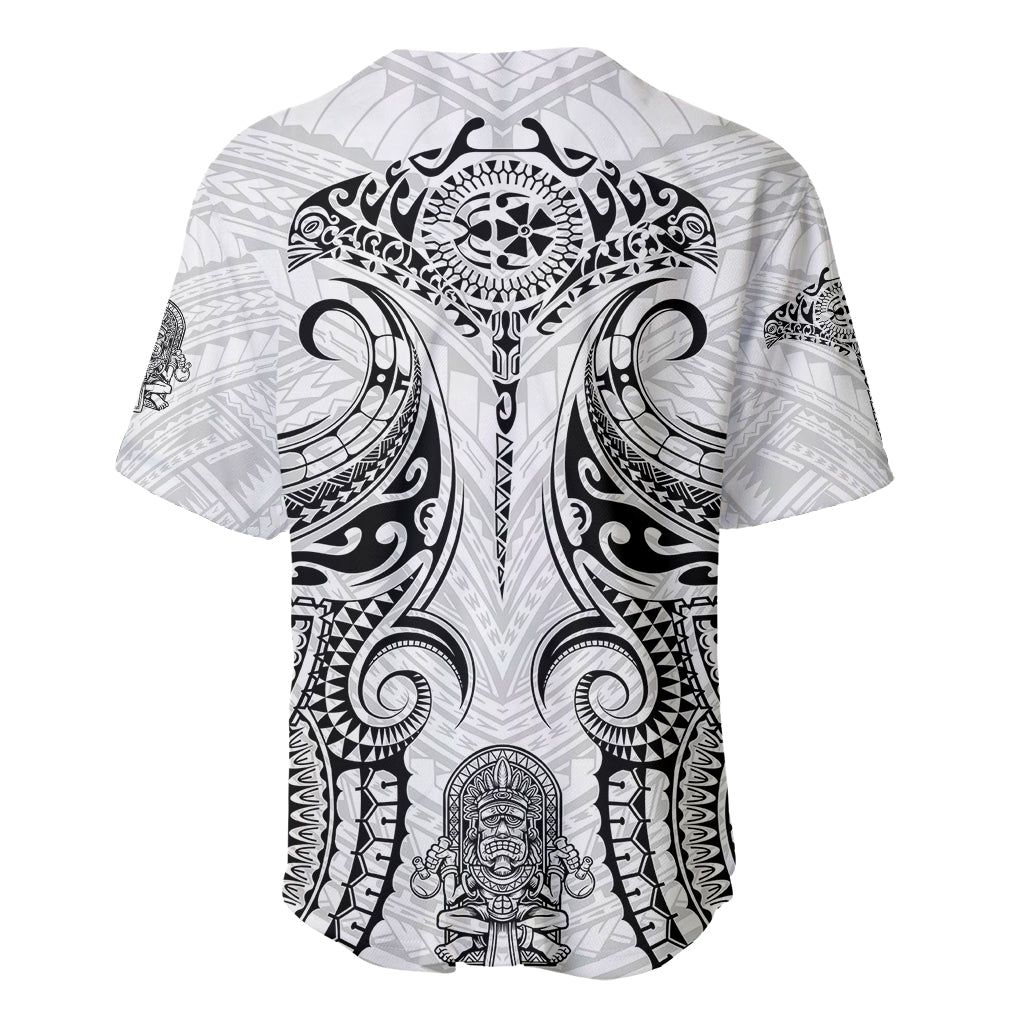White Polynesian baseball jersey with black warrior emblem and tribal tiki patterns, V-neck