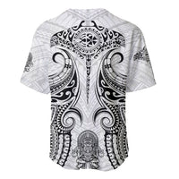 White Polynesian baseball jersey with black warrior emblem and tribal tiki patterns, V-neck