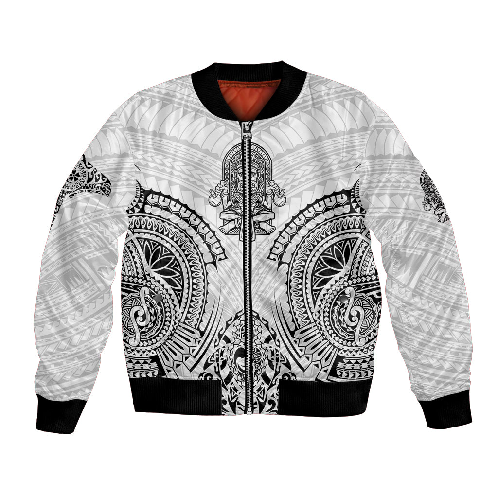 White unisex bomber jacket with black trim and front zipper, tribal warrior front graphic.