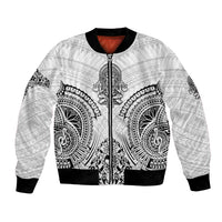 White unisex bomber jacket with black trim and front zipper, tribal warrior front graphic.
