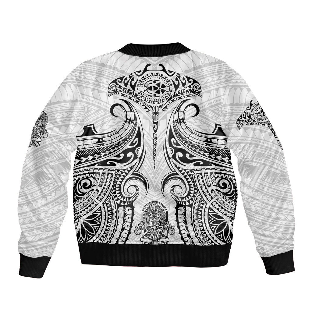 White unisex bomber jacket with black trim and back tribal warrior emblem, full back print.