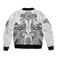 White unisex bomber jacket with black trim and back tribal warrior emblem, full back print.