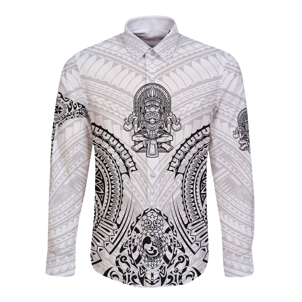 White long sleeve button-up shirt with large black warrior symbol graphic and geometric pattern