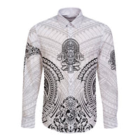 White long sleeve button-up shirt with large black warrior symbol graphic and geometric pattern