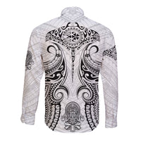 White long sleeve button-up shirt, back print with black ornate emblem and tribal designs