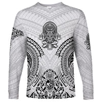 White long-sleeve Polynesian-style shirt with warrior emblem and tribal patterns