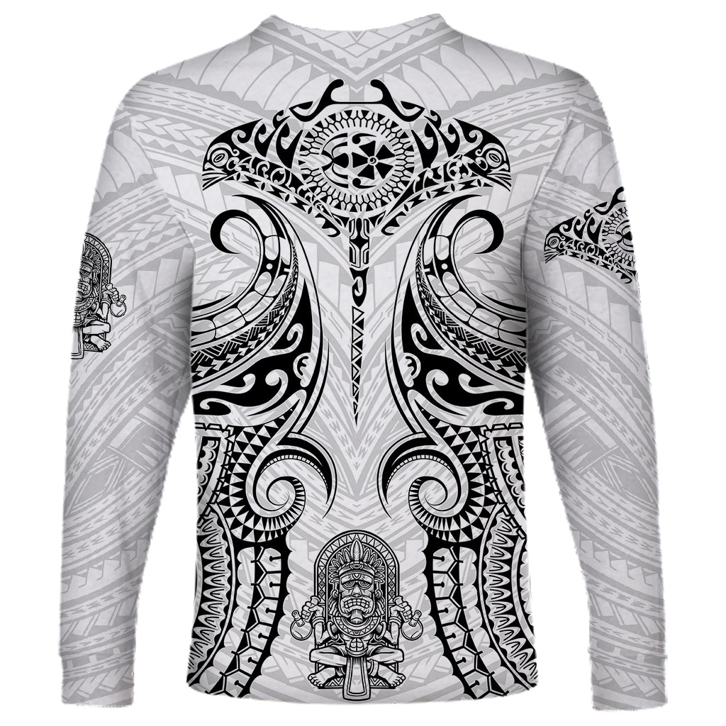 White long-sleeve Polynesian-style shirt with large tribal medallion and warrior figure