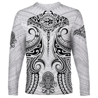 White long-sleeve Polynesian-style shirt with large tribal medallion and warrior figure