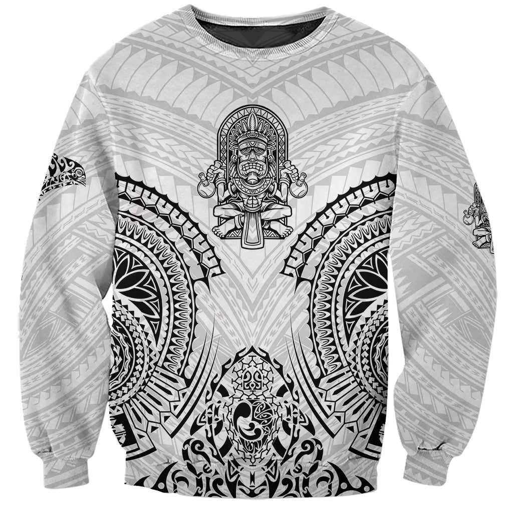 White Polynesian warrior sweatshirt with full tribal mandala and warrior chest emblem