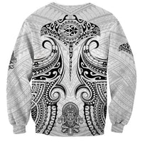 White Polynesian warrior sweatshirt with large black emblem and central figure