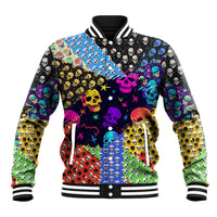 Multicolor skull pattern baseball jacket, button front, striped ribbed cuffs and collar