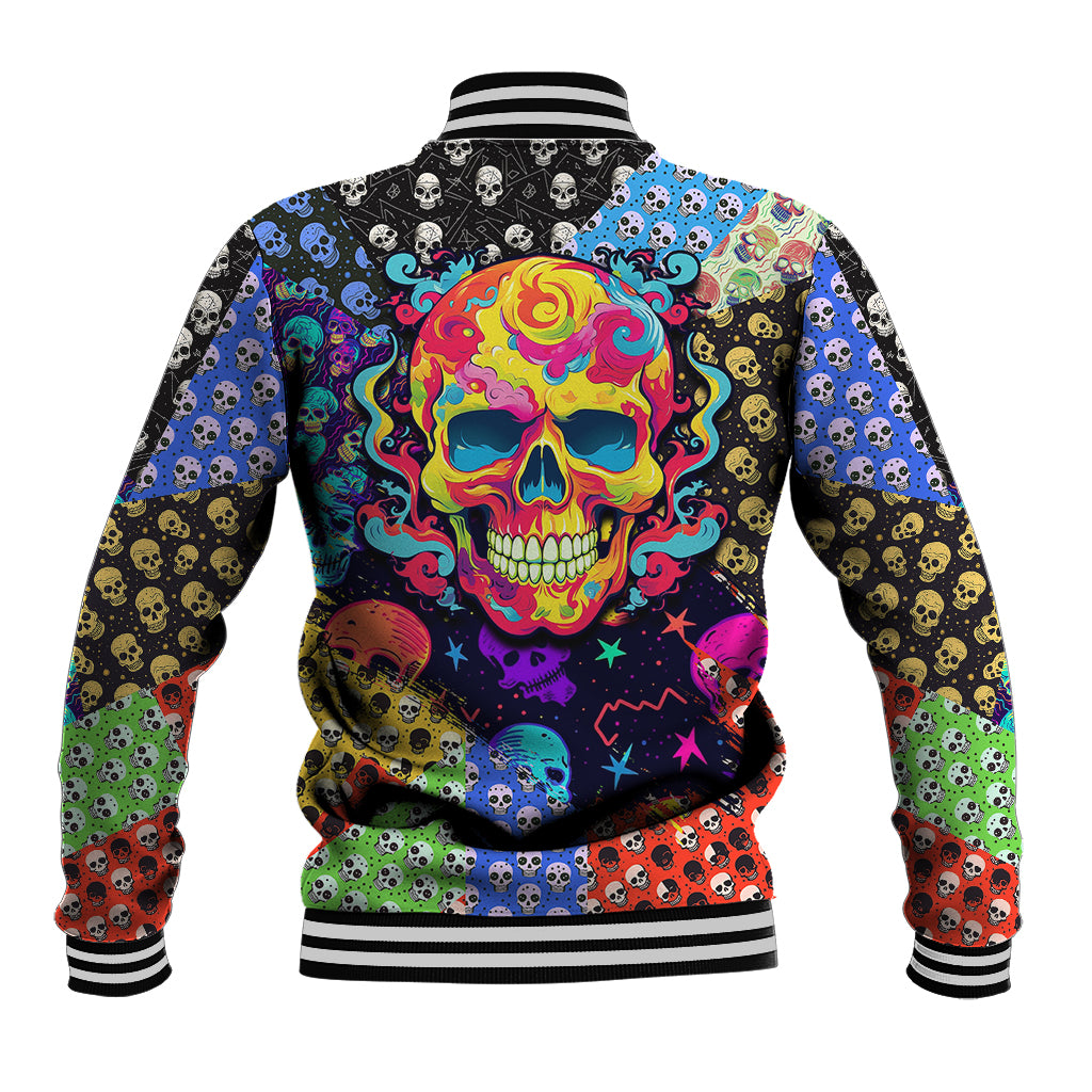 Multicolor skull pattern baseball jacket, striped ribbed collar, bold back skull graphic