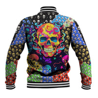Multicolor skull pattern baseball jacket, striped ribbed collar, bold back skull graphic