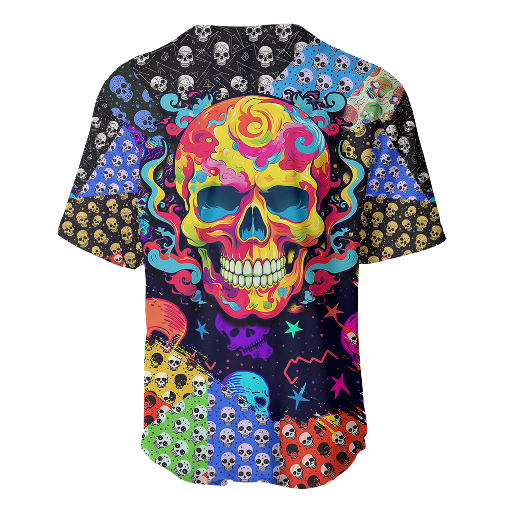 Multicolor skull-pattern baseball jersey with rainbow flame skull graphic, short sleeves