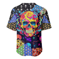 Multicolor skull-pattern baseball jersey with rainbow flame skull graphic, short sleeves