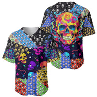 Multicolor skull-pattern baseball jersey with bright flame skull and scattered skulls, short sleeves