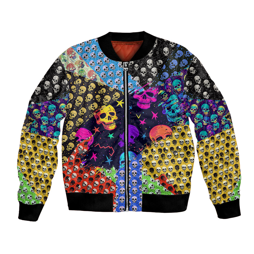 Colorful skull-pattern bomber jacket with front zipper, patchwork skulls and stars