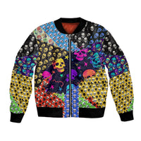 Colorful skull-pattern bomber jacket with front zipper, patchwork skulls and stars