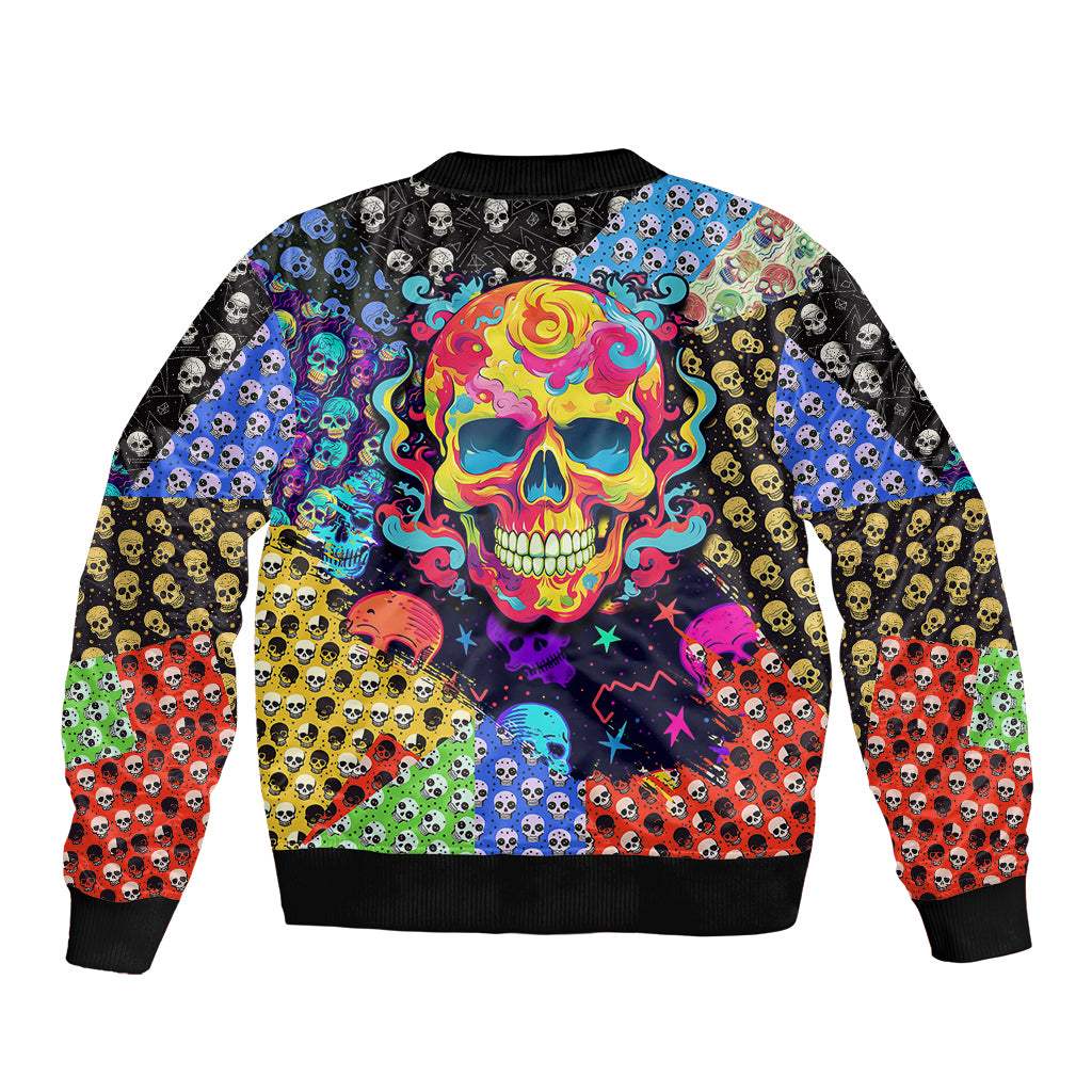 Colorful skull-pattern bomber jacket, multicolor collage graphic on front, ribbed cuffs