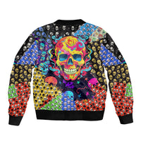 Colorful skull-pattern bomber jacket, multicolor collage graphic on front, ribbed cuffs