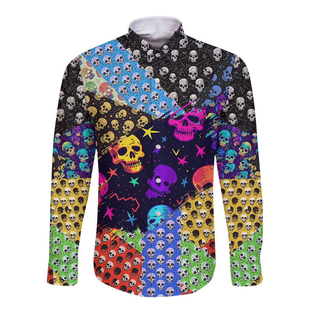 Multicolor skull pattern long-sleeve button shirt with colorful scattered skulls front
