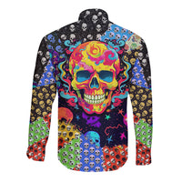 Multicolor skull pattern long-sleeve button shirt with rainbow skull front graphic