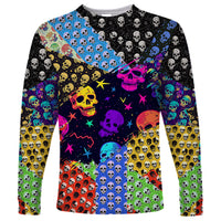 Multicolor long sleeve shirt with skulls, stars, and rainbow skull graphic