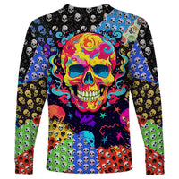 Multicolor long sleeve shirt with colorful skull face graphic and skull pattern