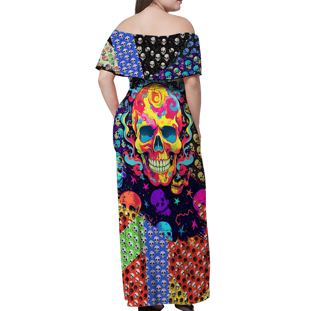 Skull Pattern Off Shoulder Maxi Dress Colorful Skull Pattern Mix - Wonder Print Shop