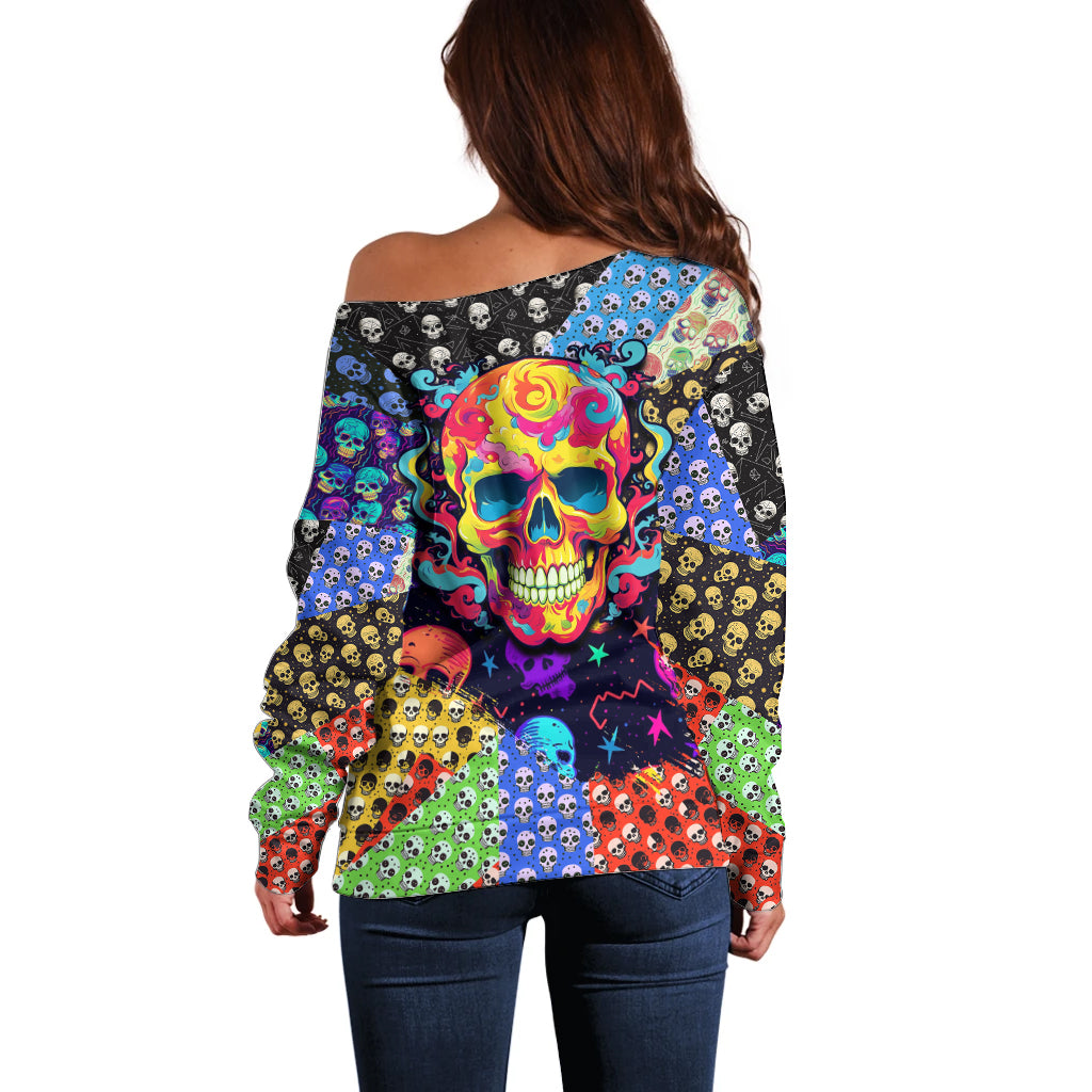 Skull Pattern Off Shoulder Sweater Colorful Skull Pattern Mix - Wonder Print Shop