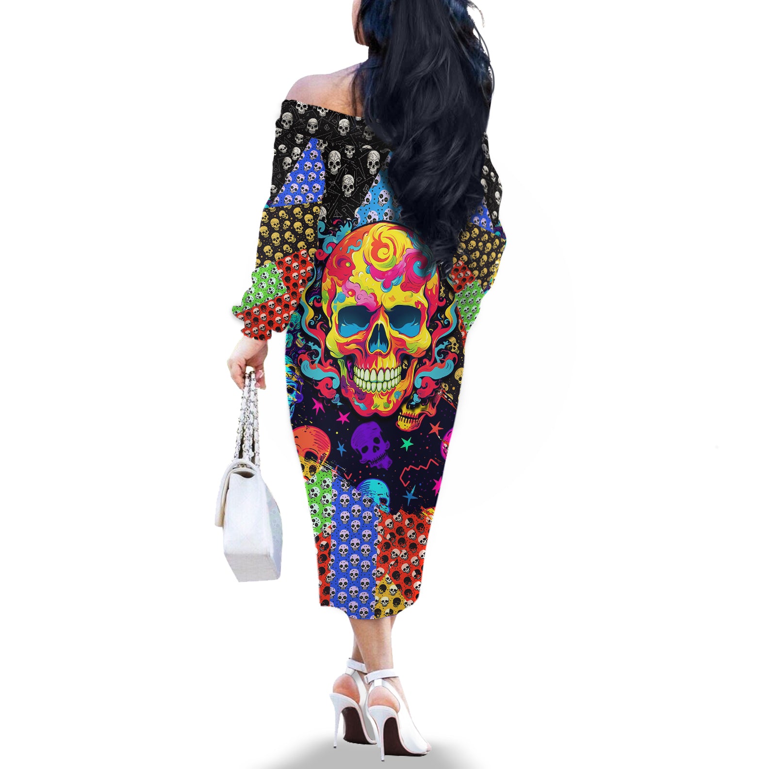 Skull Pattern Off The Shoulder Long Sleeve Dress Colorful Skull Pattern Mix - Wonder Print Shop