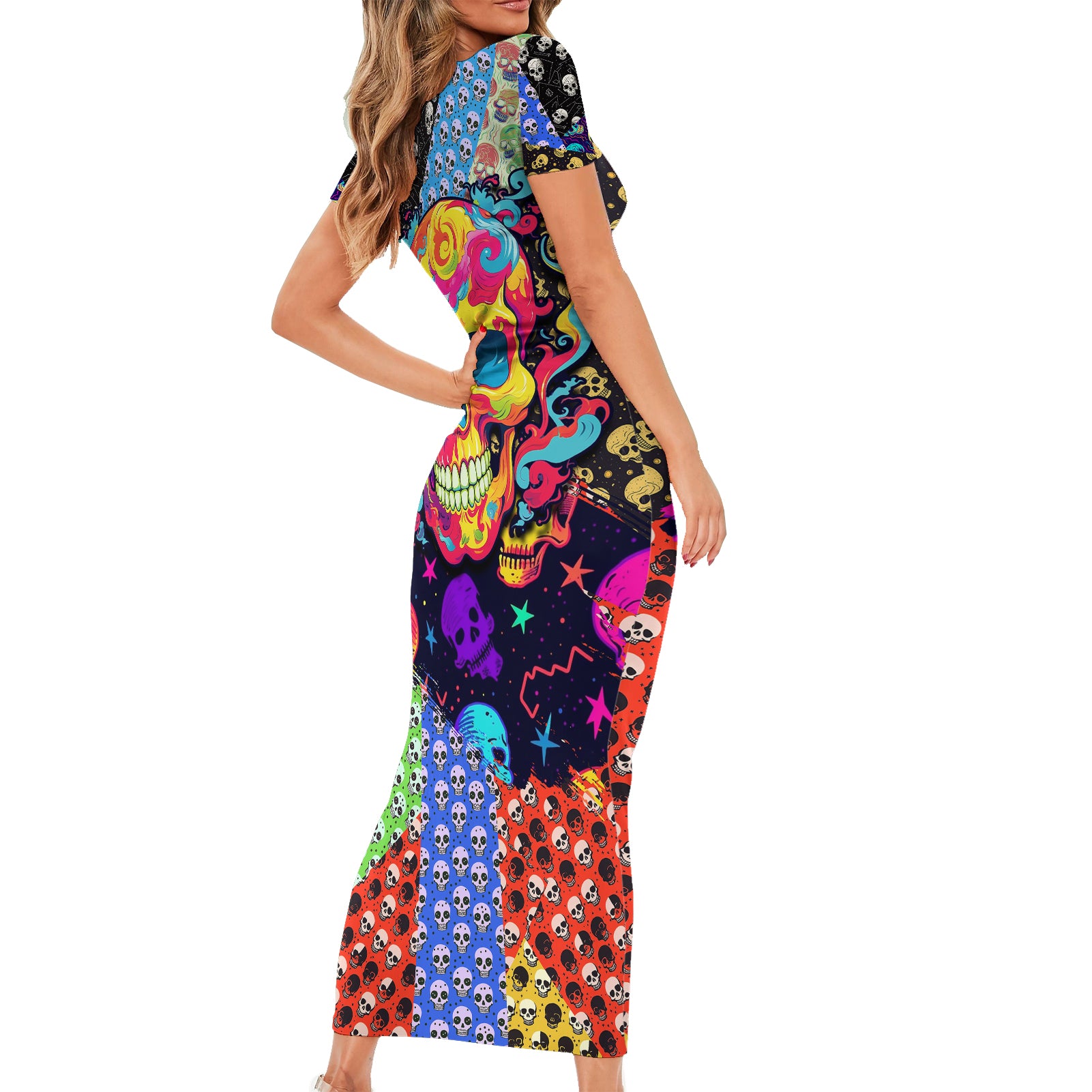 skull-pattern-short-sleeve-bodycon-dress-colorful-skull-pattern-mix