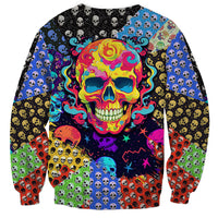 Multicolor skull pattern crewneck sweatshirt with large central skull graphic and long sleeves