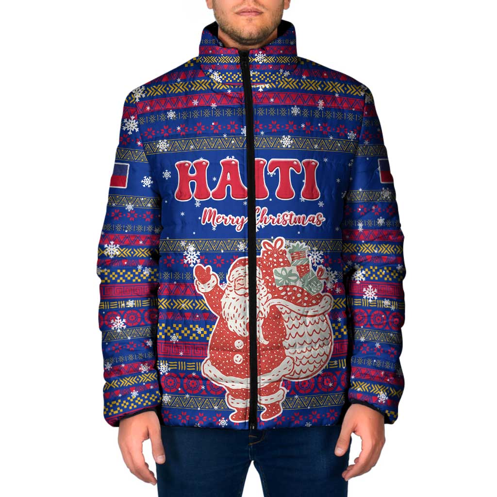 Haiti Christmas Padded Jacket with Blue Red Xmas Santa Snowflake and Map - Wonder Print Shop