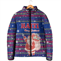Haiti Christmas Padded Jacket with Blue Red Xmas Santa Snowflake and Map - Wonder Print Shop