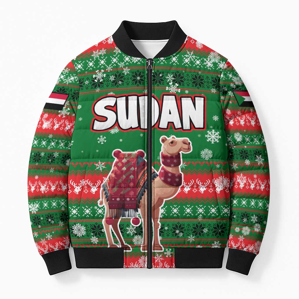 Sudan Christmas Bomber Puffer Jacket with Green Red Xmas Camel Snowflake and Coat of Arms - Wonder Print Shop