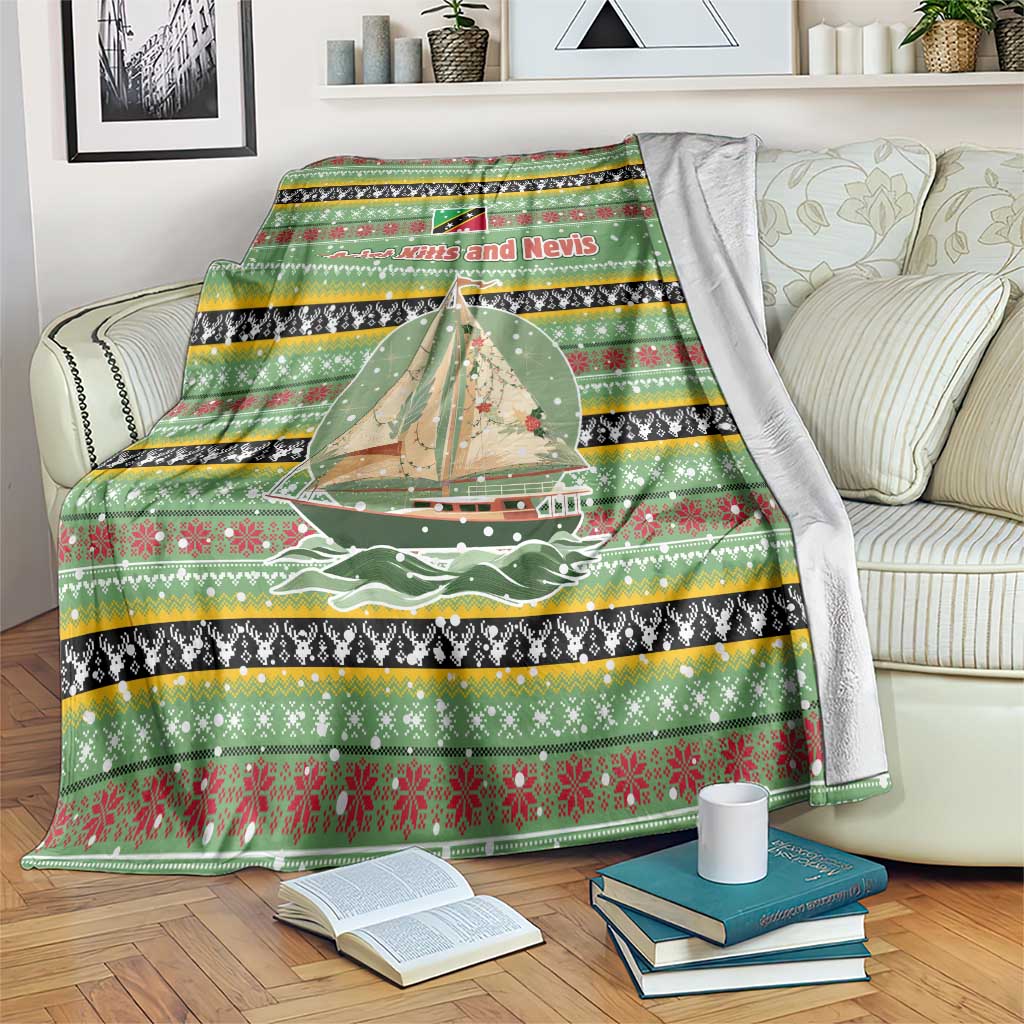 Christmas blanket with green, red, and black holiday stripes, sailboat and map print