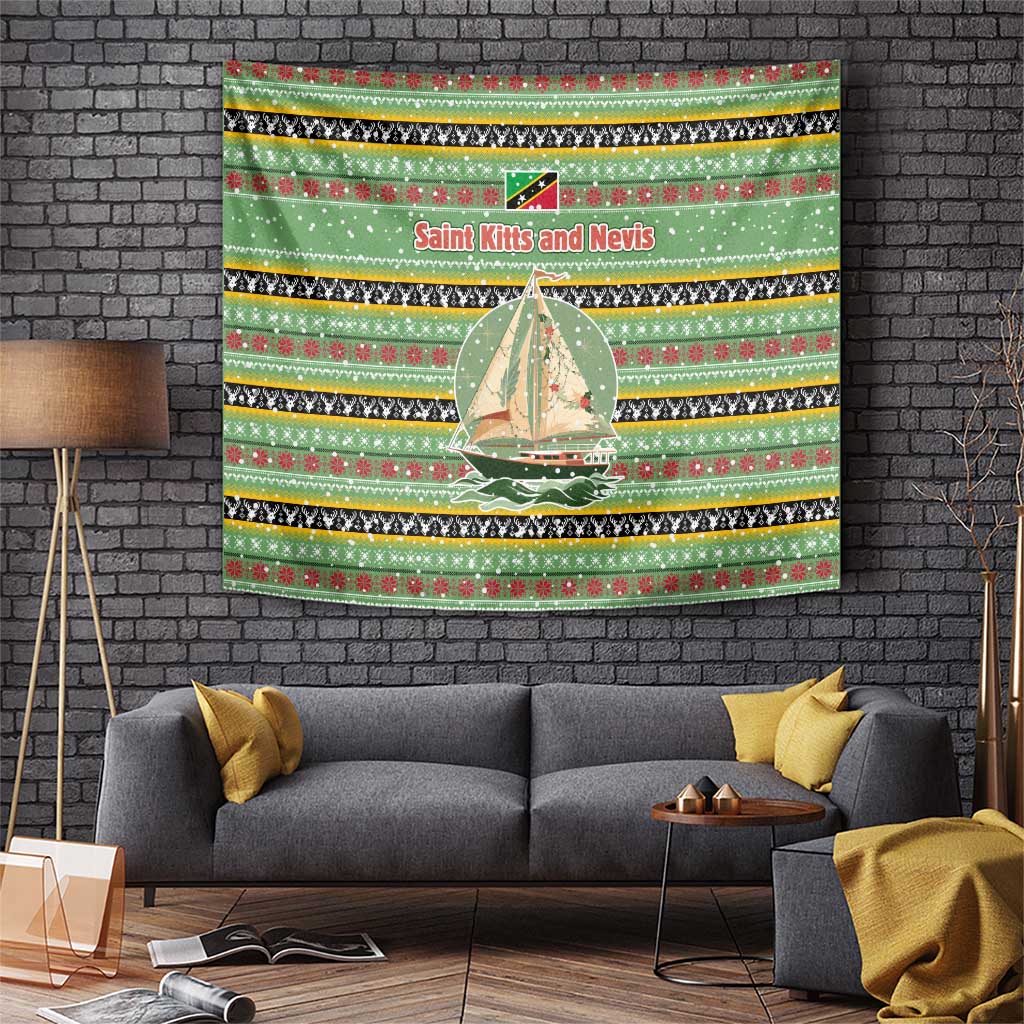 Christmas tapestry with green red black stripes, sailboat graphic and map-style layout