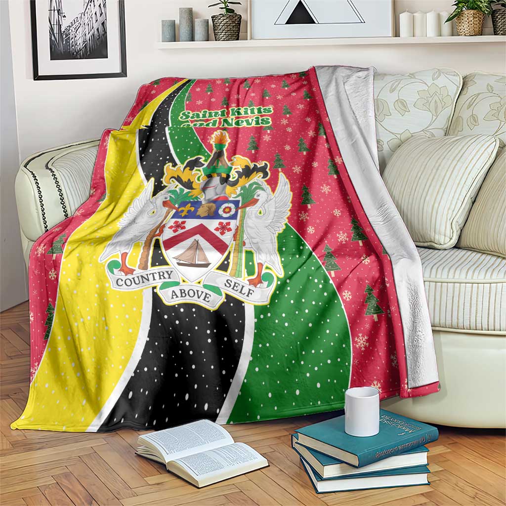 Christmas blanket in red, green, yellow and black with coat-of-arms and trees graphic