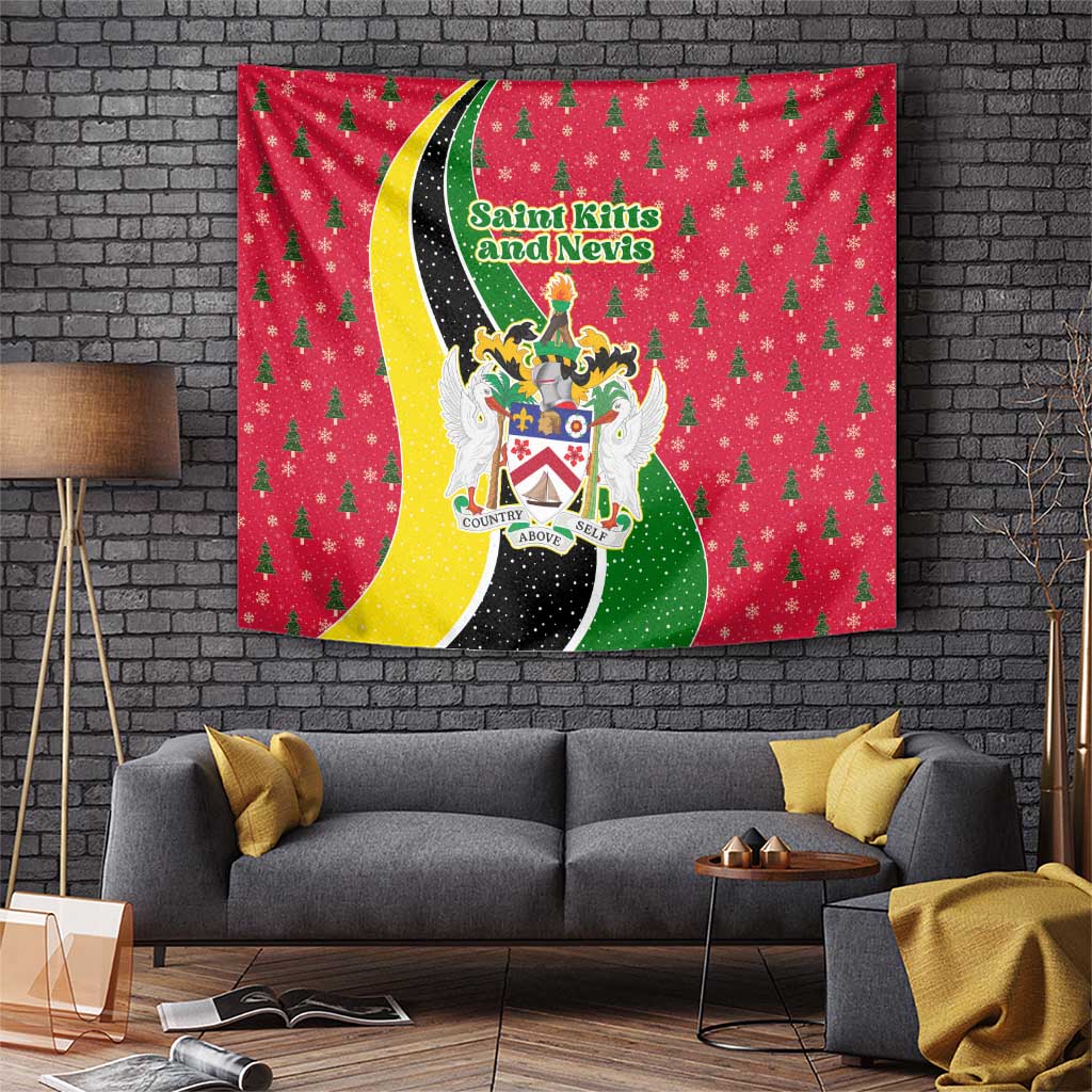 Red Christmas tapestry with green pine pattern and Saint Kitts and Nevis coat of arms