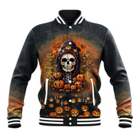 Unisex skull & pumpkin baseball jacket, front graphic, snap button placket, striped ribbed collar