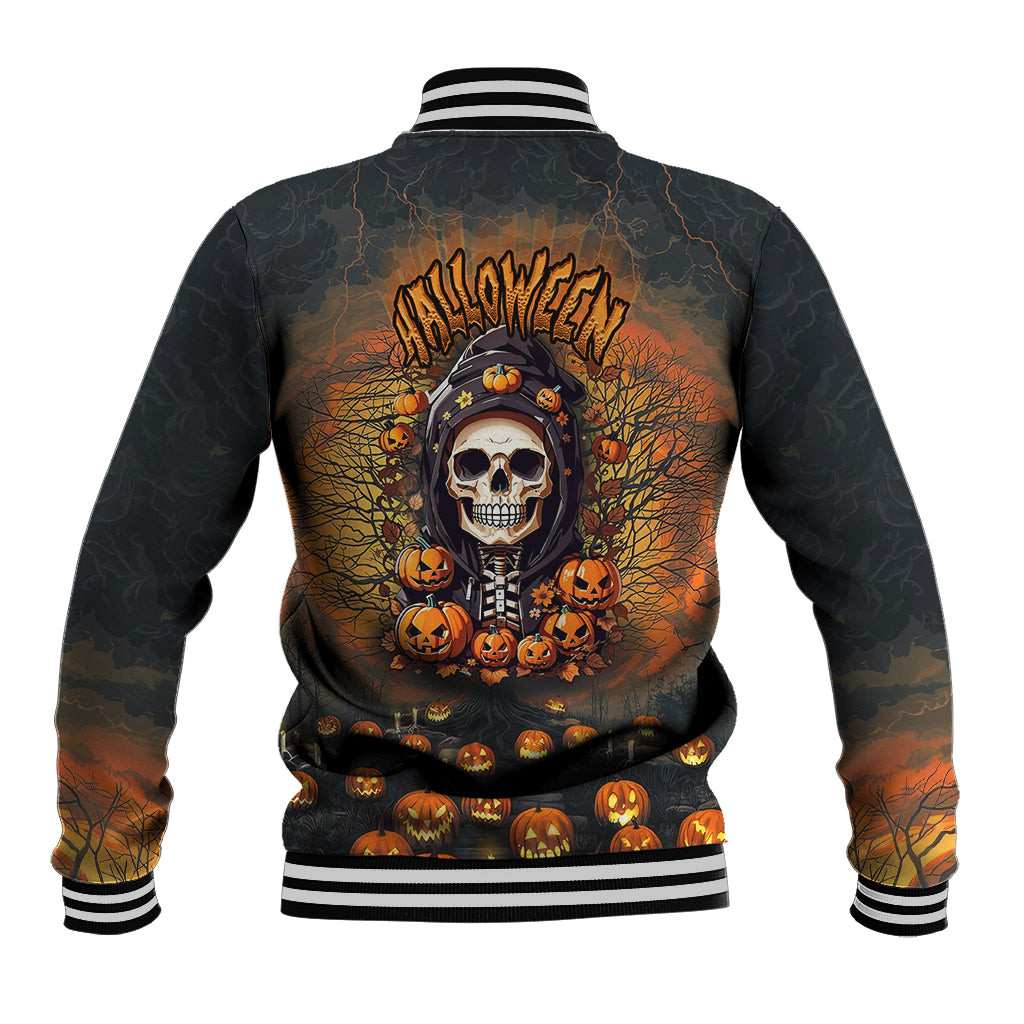 Unisex skull & pumpkin baseball jacket, graphic back, ribbed striped collar and cuffs