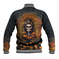 Unisex skull & pumpkin baseball jacket, graphic back, ribbed striped collar and cuffs