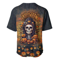 Black baseball jersey with Halloween skull, pumpkins, and bats graphic