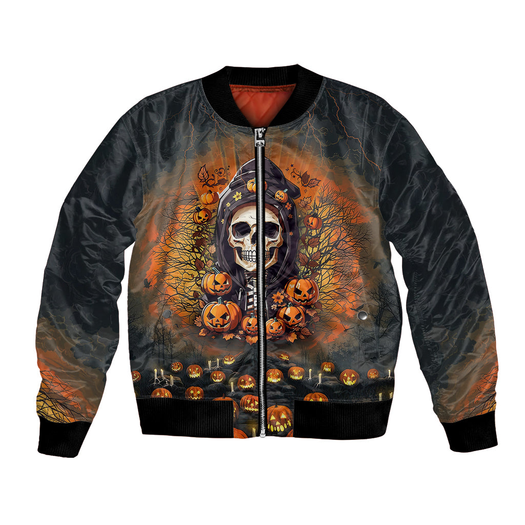 Black unisex bomber jacket with front zipper; skull and pumpkins graphic, ribbed hem