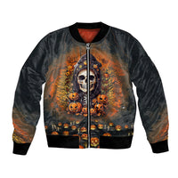 Black unisex bomber jacket with front zipper; skull and pumpkins graphic, ribbed hem